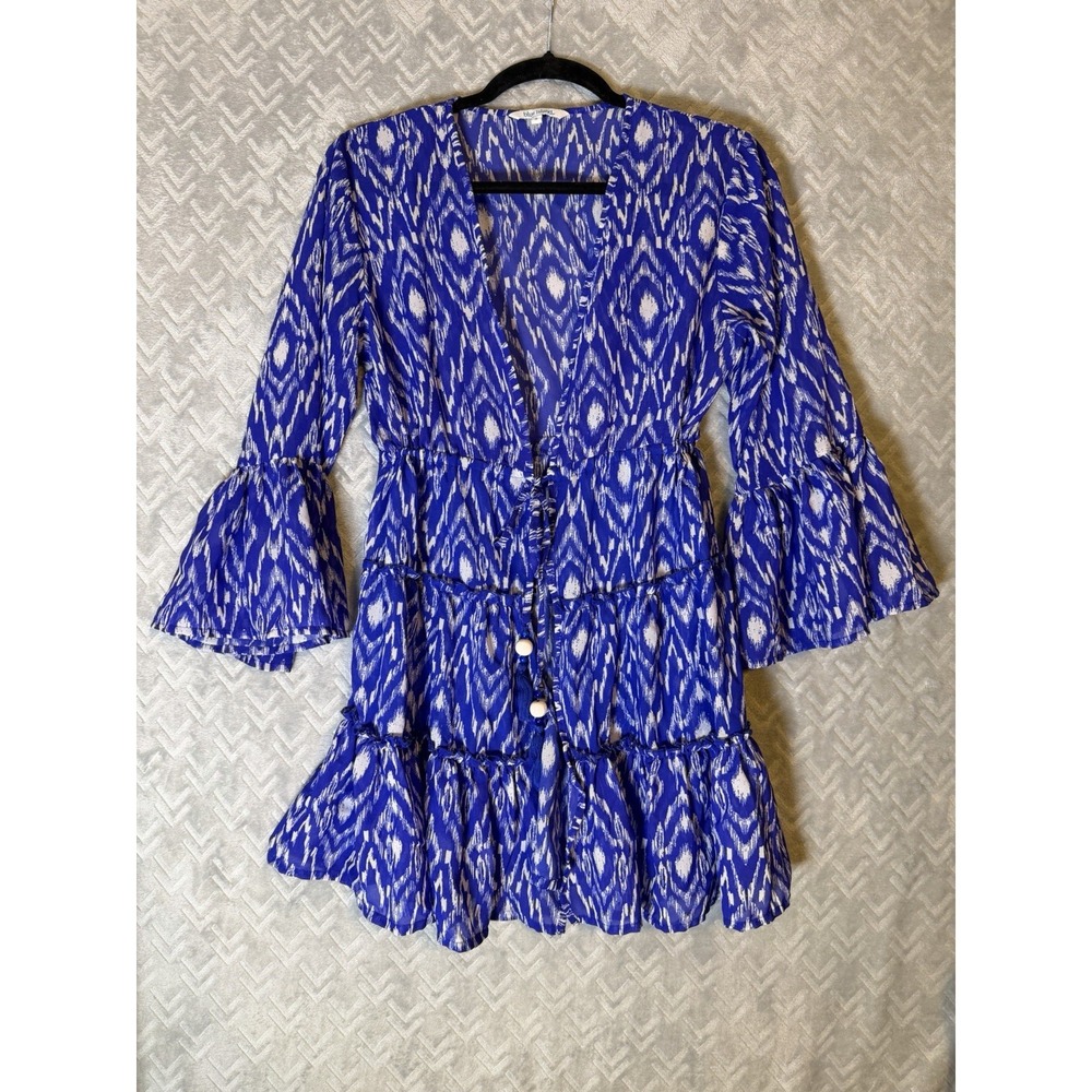 Blue Island Swim Cover Up S Women Sheer Tiered Ruffle Ikat Tassel Boho Beach